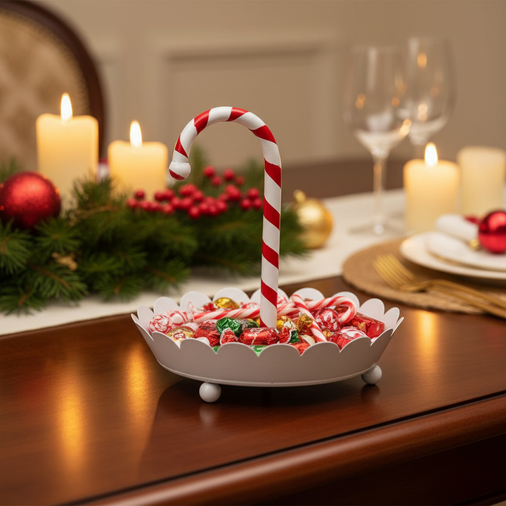 Candy Cane Scalloped Server with bowl for assorted candies and a large striped candy cane; available in multiple sizes.