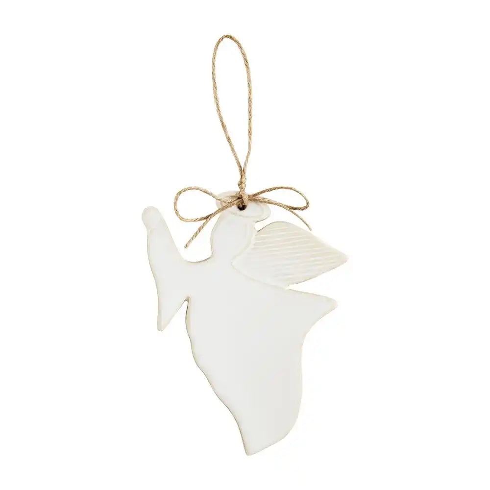 White ceramic angel ornament with jute bow and hanging loop.