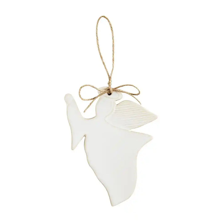 White ceramic angel ornament with jute bow and hanging loop.