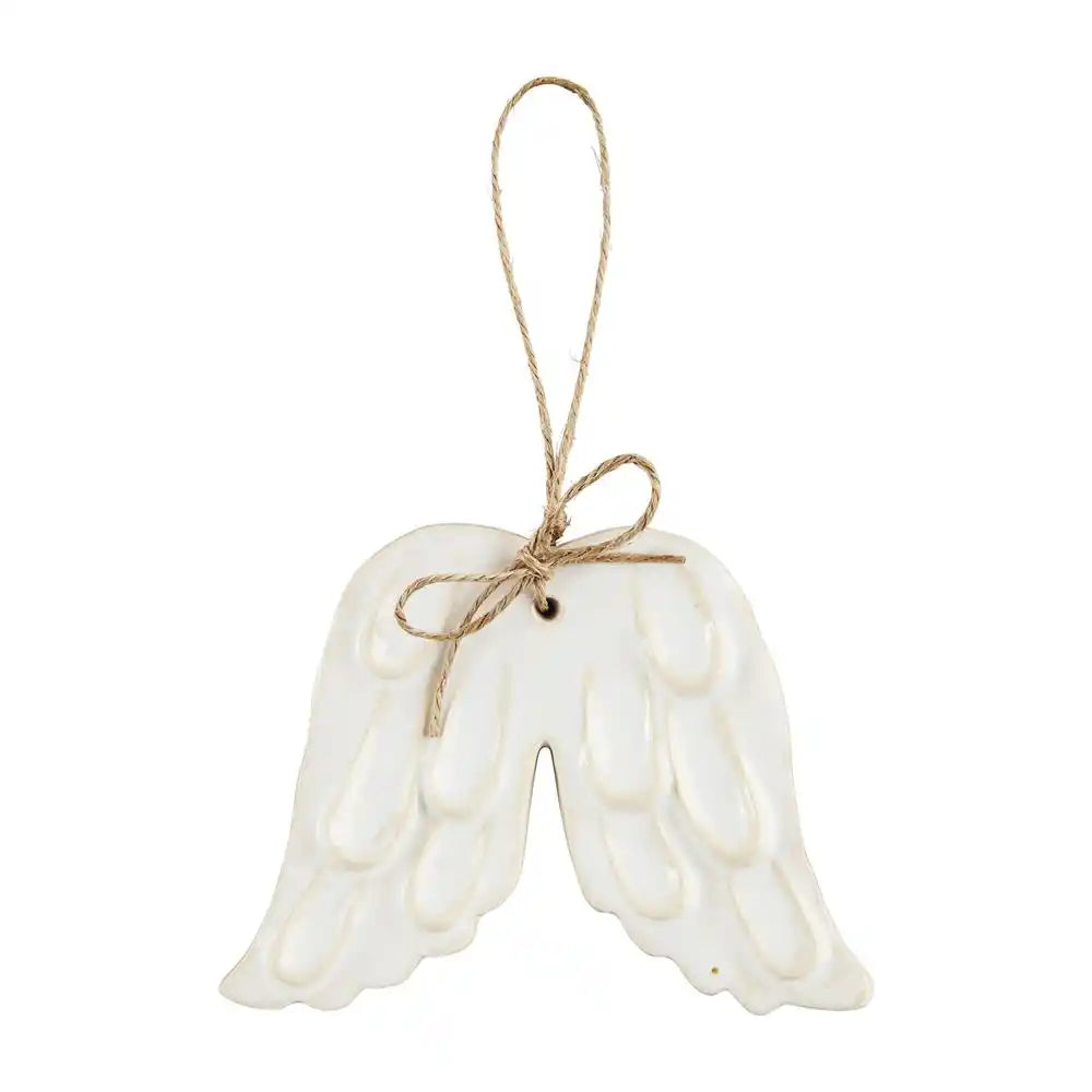 White glazed ceramic angel wing ornament with a twine bow.