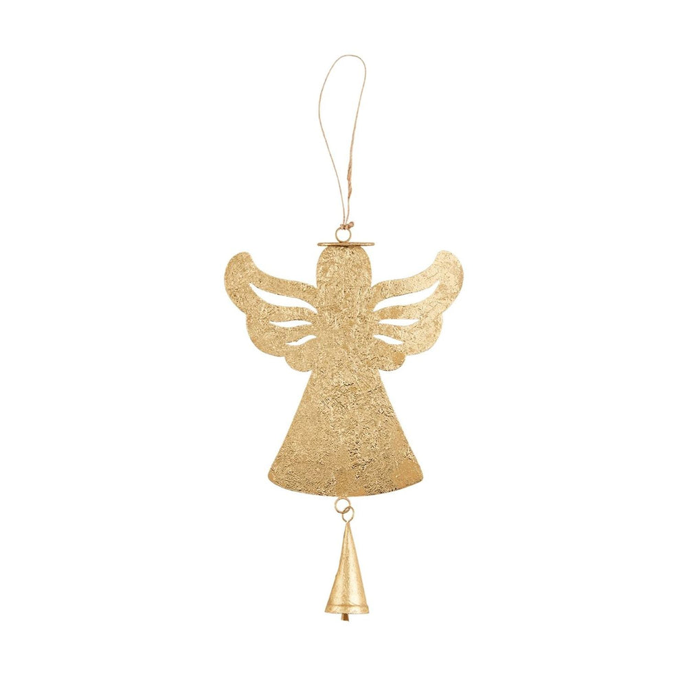 Gold-toned metal angel ornament with a bell at the base and a hanging loop.