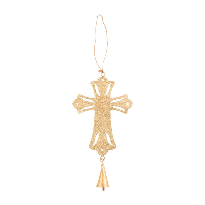 Gold-colored foiled tin cross ornaments with cut-out details and hanging bells.