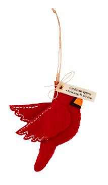 Red Felt Cardinal Ornaments with “Cardinals appear when angels are near” tags.