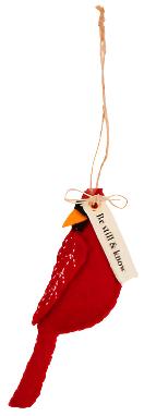 Red felt cardinal ornament with an orange beak and a “Be still &amp; know” tag.