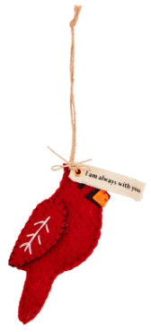 Red Felt Cardinal Ornaments with “I am always with you” tag.
