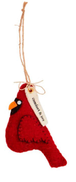 Felt Cardinal Ornaments shaped like a red cardinal with an orange beak, black face patch, and a “comfort &amp; joy” tag.