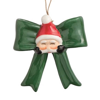 Ceramic Bow Ornaments available in 4 hand-painted styles, including a Santa with red hat and green bow. Sizes available.