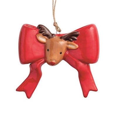 Hand-painted ceramic bow ornament with red bow and reindeer head; available in 4 styles; sizes: small, medium, large, extra-large; includes hanging string.