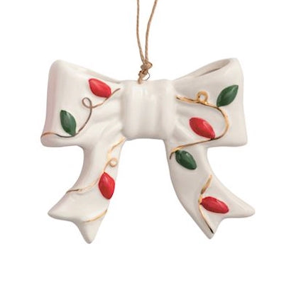 Hand-painted white ceramic bow ornament with red and green holiday lights, easily hung by a thin string. Available in 4 styles.