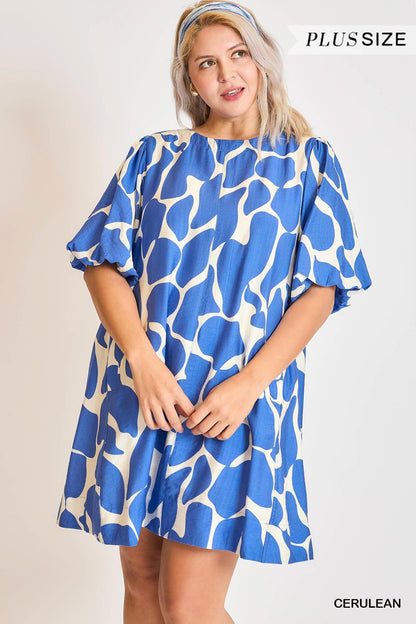 Cerulean Abstract Puff Sleeve Dress: loose, short-sleeved dress with blue and white abstract print and subtle puff sleeves. Available in plus sizes.