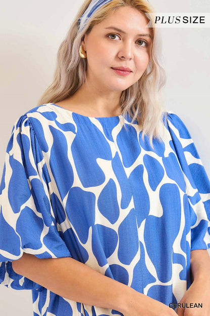 Cerulean Abstract Puff Sleeve Dress with abstract pattern and puff sleeves; available in plus sizes.