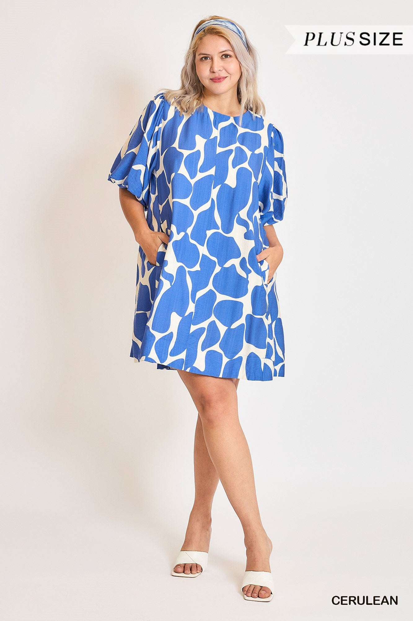 Cerulean Abstract Puff Sleeve Dress with pockets; available in plus sizes.