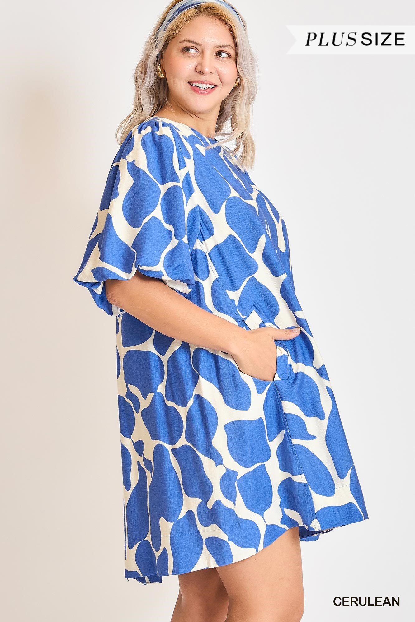 Cerulean Abstract Puff Sleeve Dress, loose short sleeves, blue and white abstract print, with pockets; available in plus sizes.