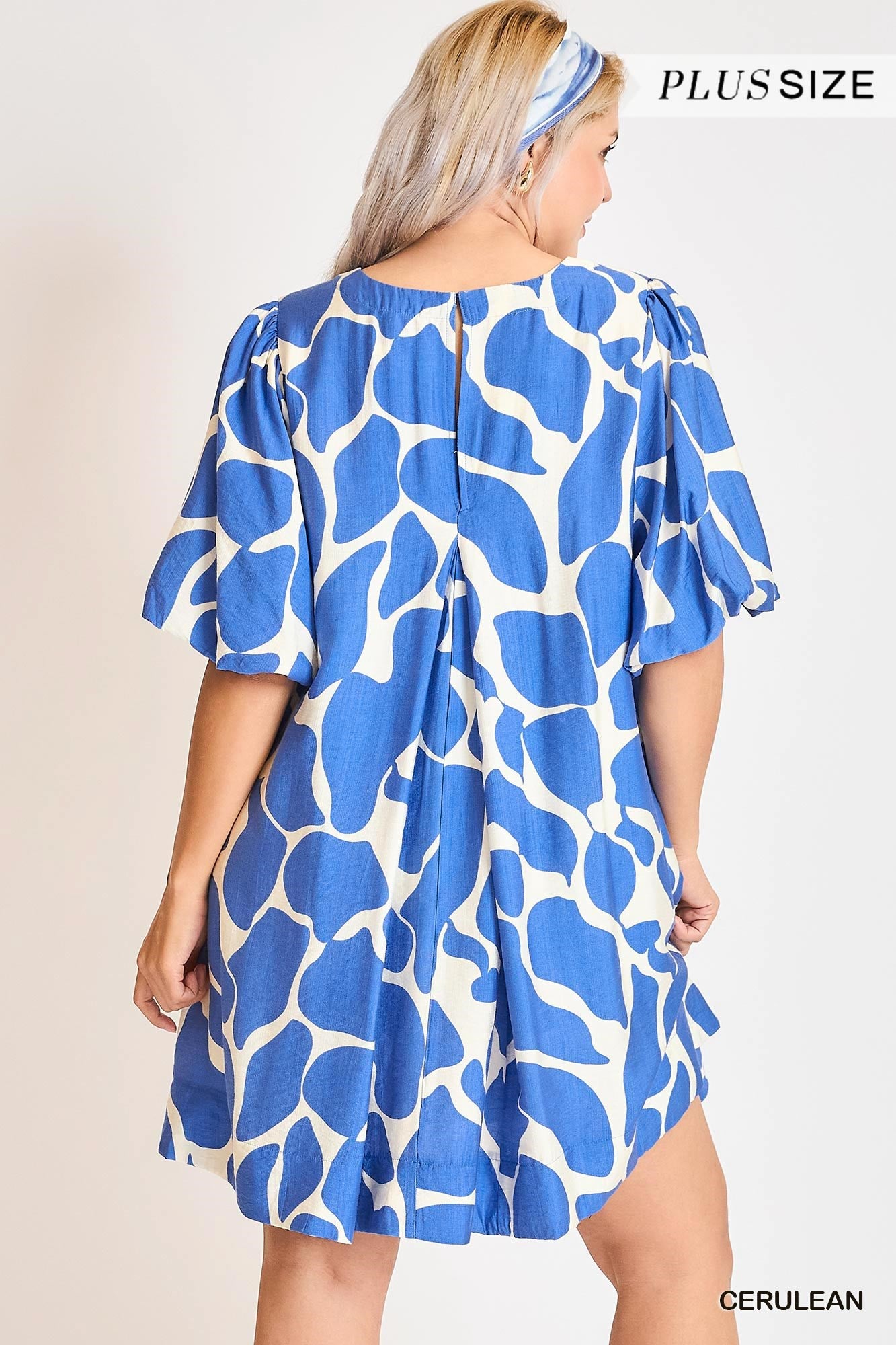 Cerulean Abstract Puff Sleeve Dress, plus-size, loose fit, blue-and-white abstract print, short sleeves. Available in sizes 1X–4X.