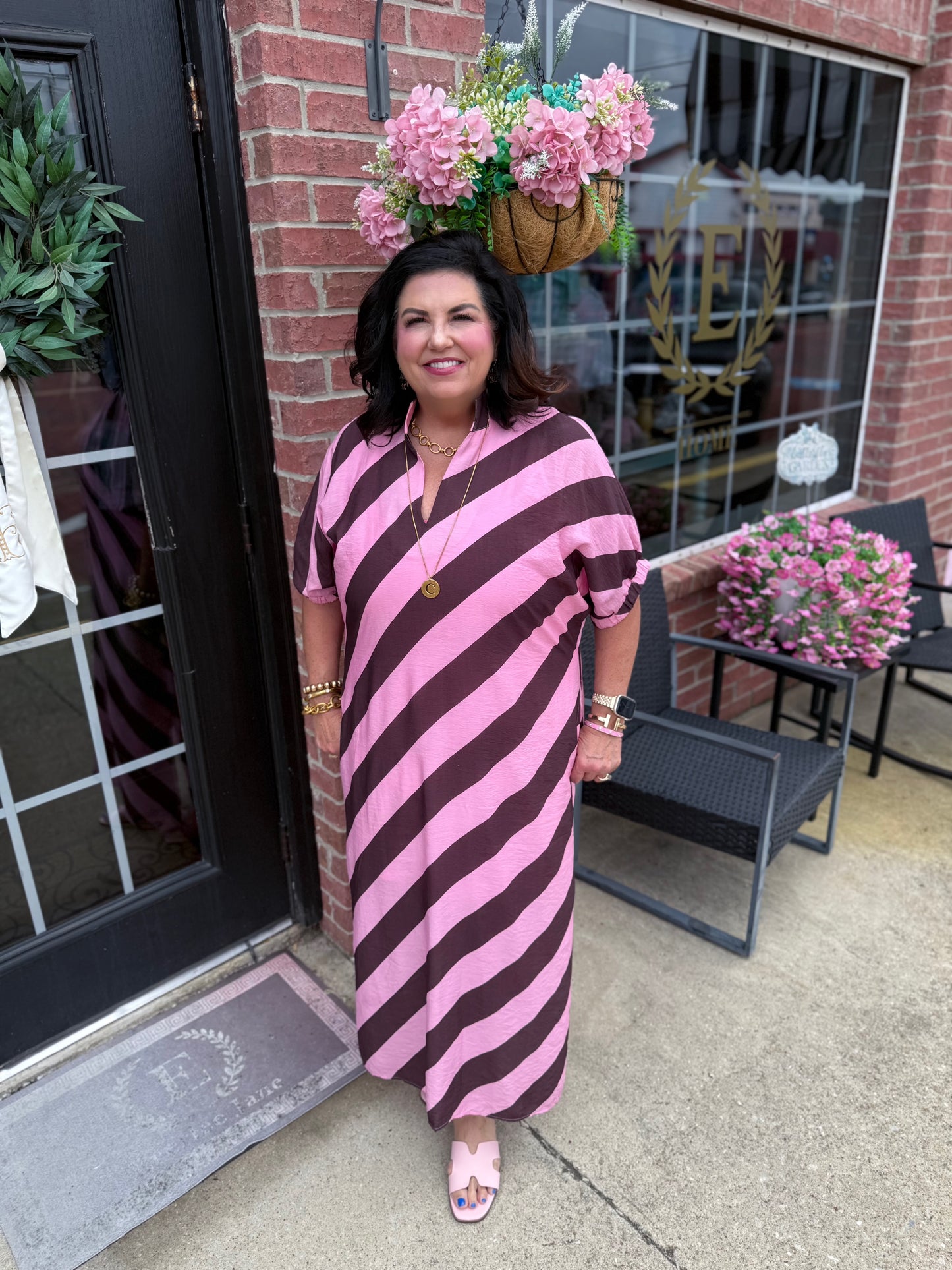 Rosewood Stripe Midi Dress in pink and brown stripes, midi length, with pockets. Available in sizes XS–XL.