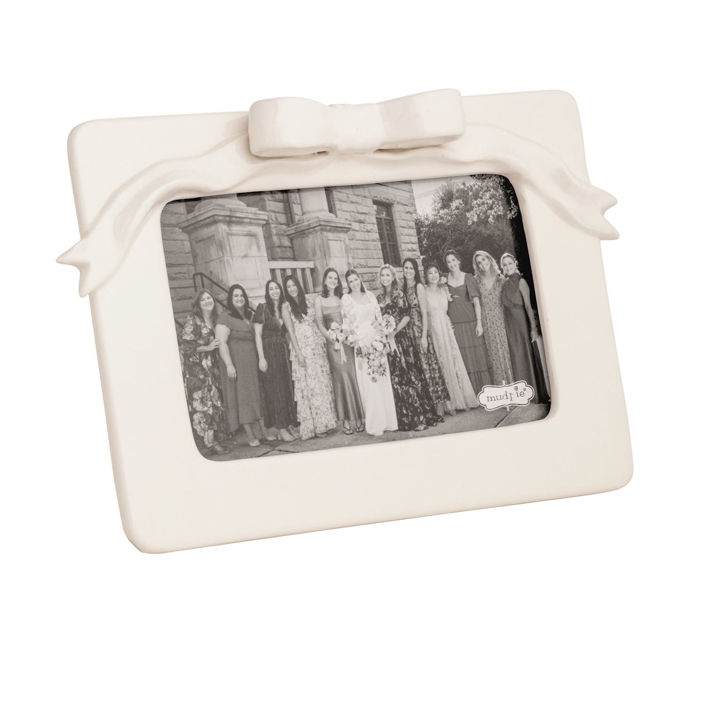 Bow Ceramic Frame with ribbon detail, holds a black and white photo. Available in 4x6 and 5x7 sizes.
