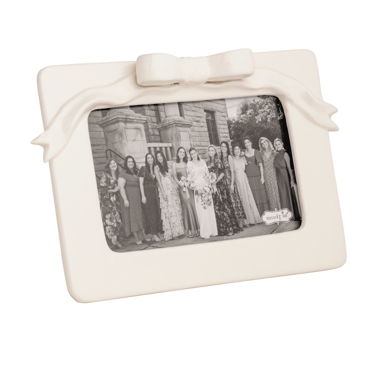 Bow Ceramic Frame with ribbon detail, holds a black and white photo. Available in 4x6 and 5x7 sizes.