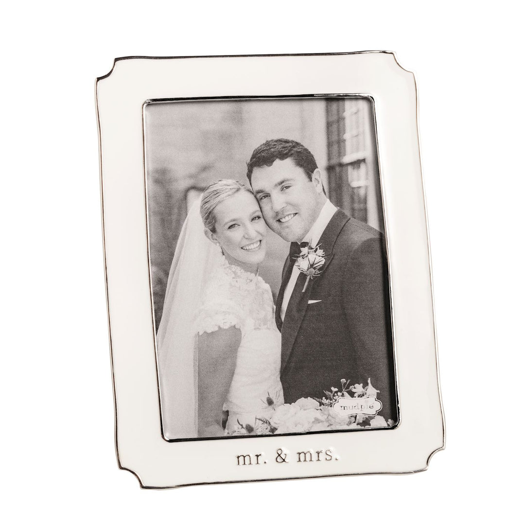 White and silver enamel "mr. & mrs." frame, 5x7 size, elegant design with inscription below the photo.