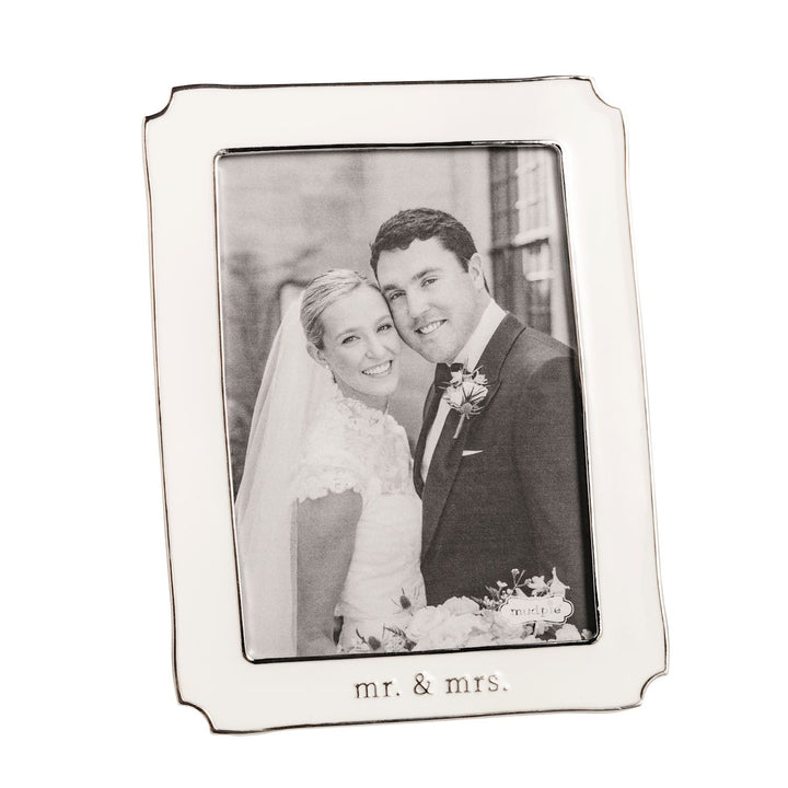 White and silver enamel "mr. &amp; mrs." frame, 5x7 size, elegant design with inscription below the photo.