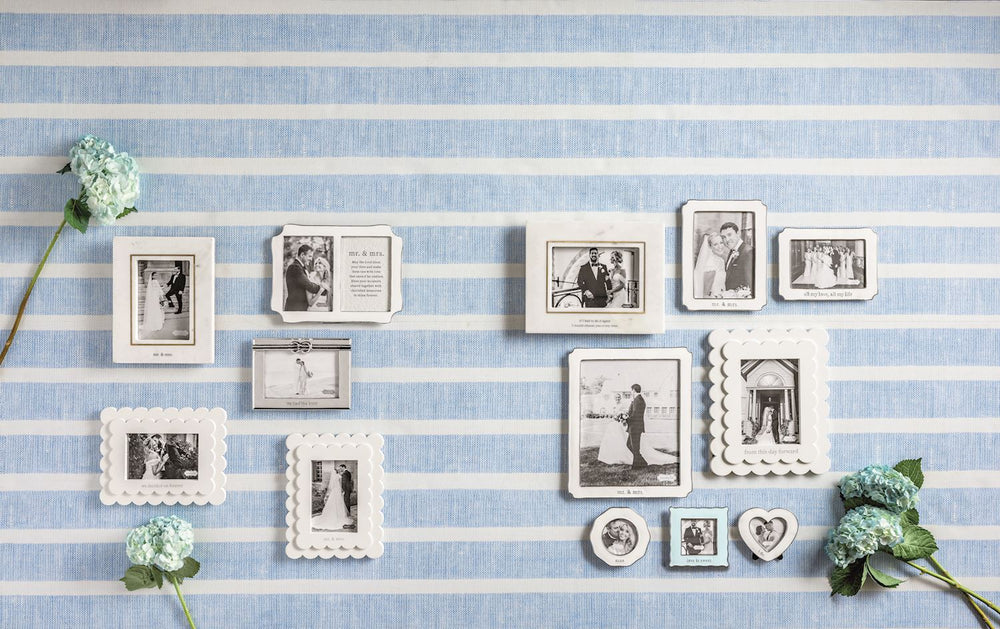 Mr. & Mrs. Small Enamel Frame with scalloped-edge design; available in 4"x6" and 5"x7" sizes.