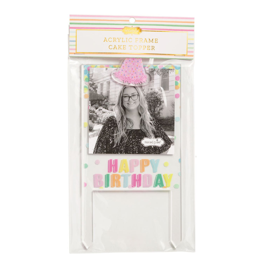 Acrylic Cake Topper Frame with black-and-white photo slot, pink glitter hat, "HAPPY BIRTHDAY"; available in 5x7 and 4x6 sizes.