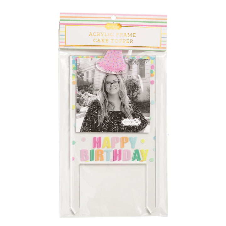 Acrylic Cake Topper Frame with black-and-white photo slot, pink glitter hat, "HAPPY BIRTHDAY"; available in 5x7 and 4x6 sizes.
