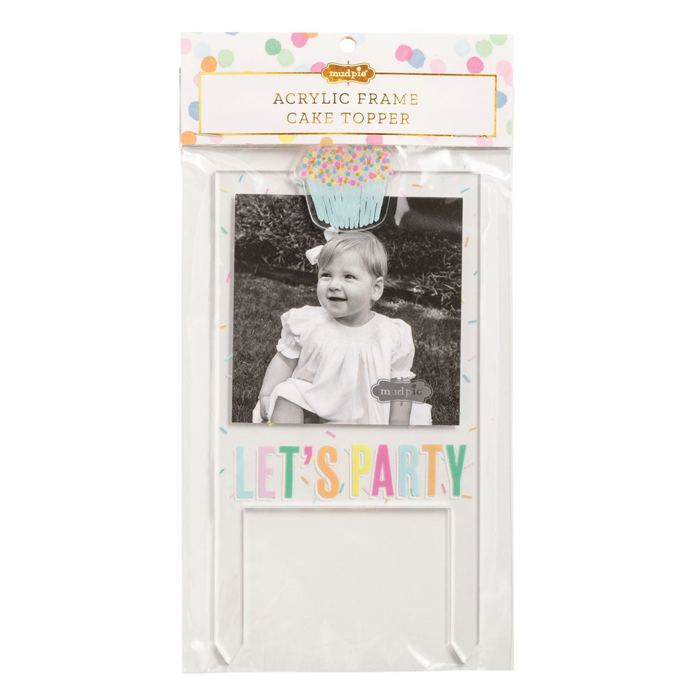 Acrylic Cake Topper Frame with cupcake design, "LET'S PARTY" letters; holds photo. Sizes: 4x6 in, 5x7 in.