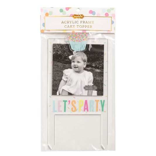 Acrylic Cake Topper Frame with cupcake design, "LET'S PARTY" letters; holds photo. Sizes: 4x6 in, 5x7 in.