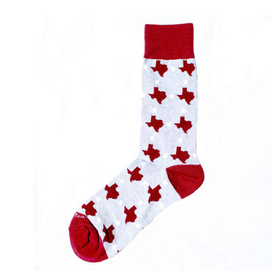 Men's Howdy Pride Socks: Single sock with red Texas state shapes on a light grey background, red toe, heel, and top band. Crafted from premium combed cotton. Sizes available: S, M, L.
