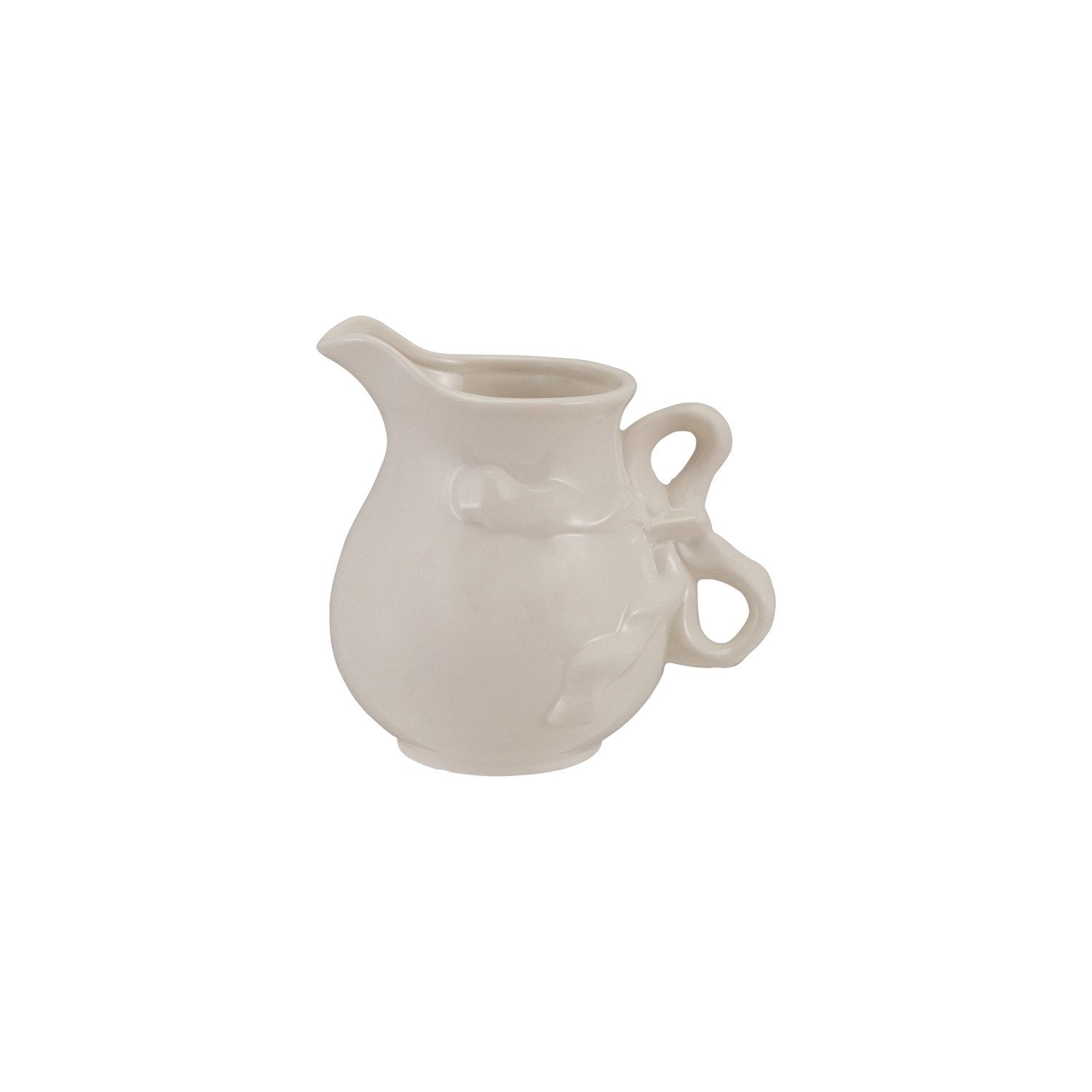 White stoneware pitcher with bow-shaped handle and subtle leaf details; available in multiple sizes.