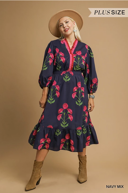 Louise Floral Midi Dress: navy with pink florals, ruffled hem, plus size. Available in sizes 1X-3X.