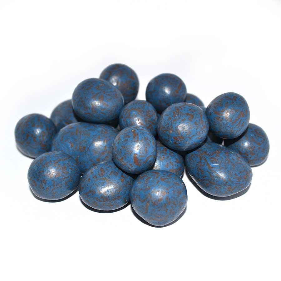 Blue, speckled, round Chocolate Blueberries candies. Available sizes: small, medium, large.