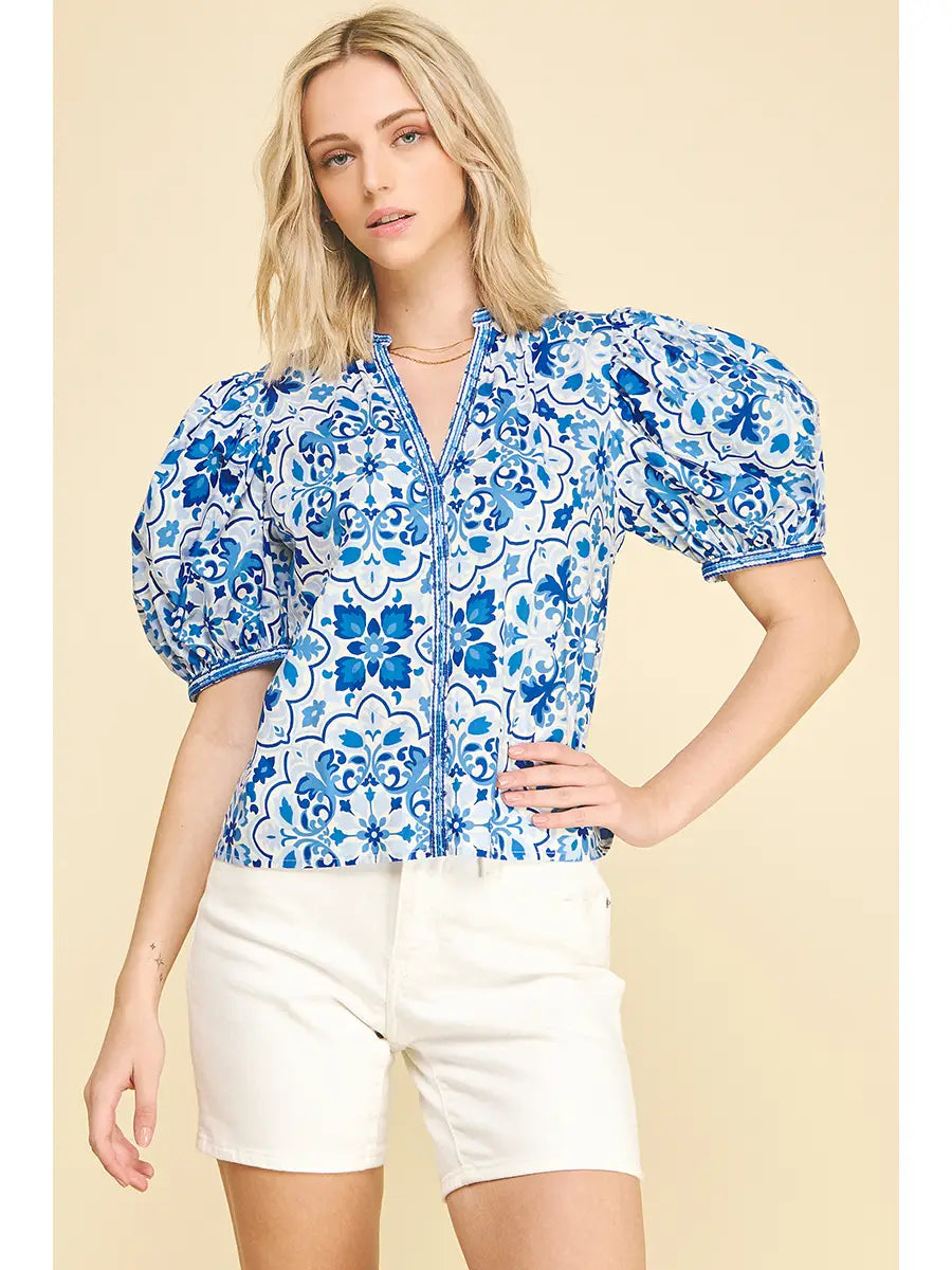 Damask V-Neck Balloon Sleeve Blouse