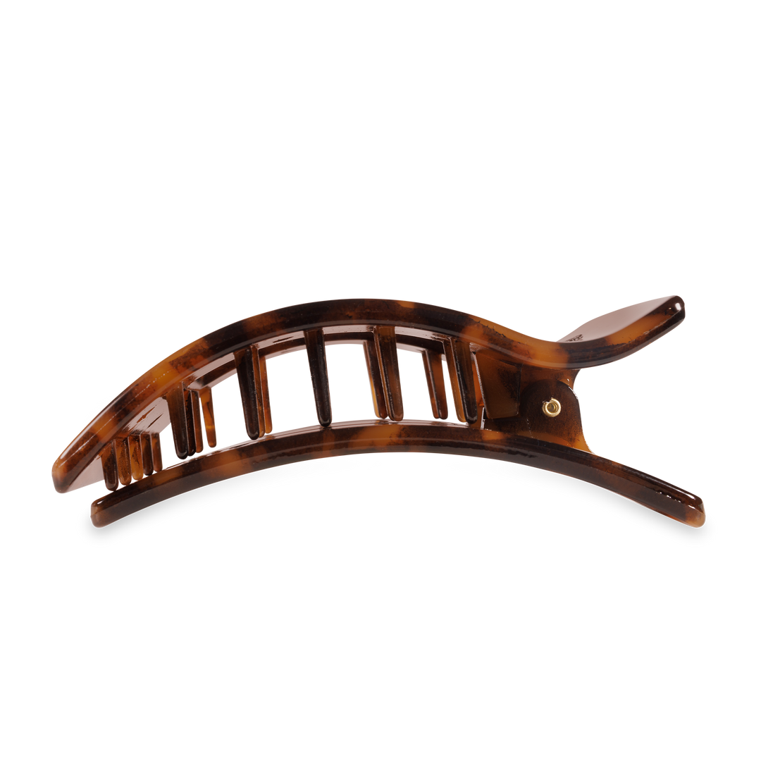 Large Flat Rectangle Hair Clip in brown tortoiseshell, comfortable design with interlocking teeth. Available in size Large.