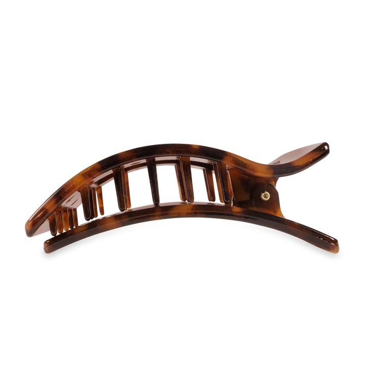 Large Flat Rectangle Hair Clip in brown tortoiseshell, comfortable design with interlocking teeth. Available in size Large.
