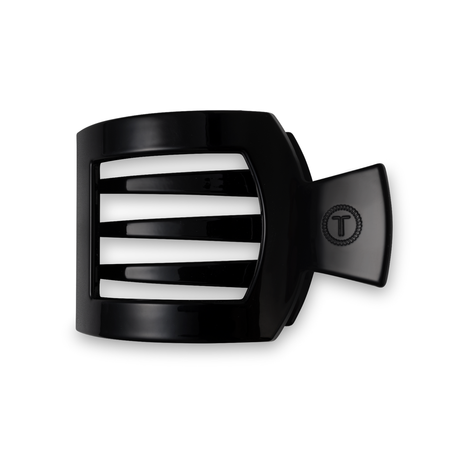 The TELETIES Square Flat Hair Clip features a sleek black design with horizontal slats and a circular emblem. Available sizes: Small, Large.