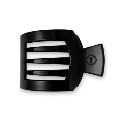 The TELETIES Square Flat Hair Clip features a sleek black design with horizontal slats and a circular emblem. Available sizes: Small, Large.