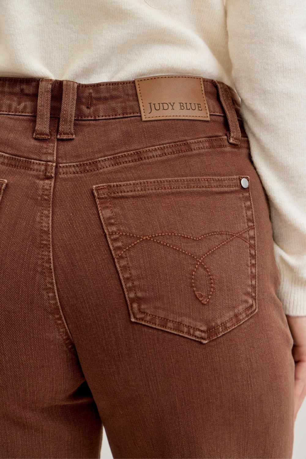 Judy Blue MR Crop Garment Dyed Utility Pocket Jeans in maple brown with tan label, stitched design. Sizes: 0-22.