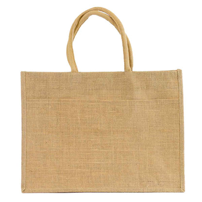 Plain rectangular natural jute tote with two light brown handles, ideal for monogramming. Available in small, medium, and large.