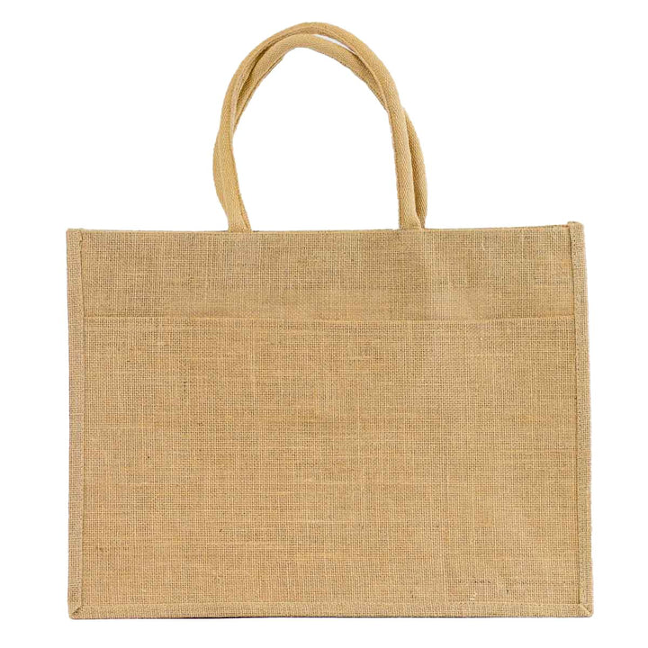 Plain rectangular natural jute tote with two light brown handles, ideal for monogramming. Available in small, medium, and large.
