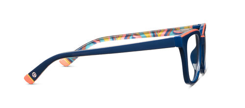 Side view of navy Trapeze Progressives with swirling inner arms, orange accents, UV400 protection. Available in multiple sizes.