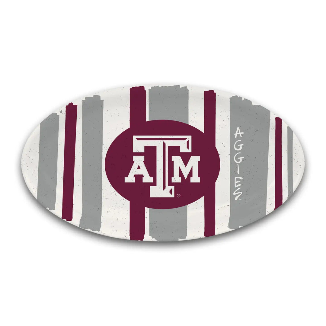 TAMU Oval Melamine Platter: maroon/gray stripes, "ATM" logo center, "Aggies" right. Available in 16"x12".