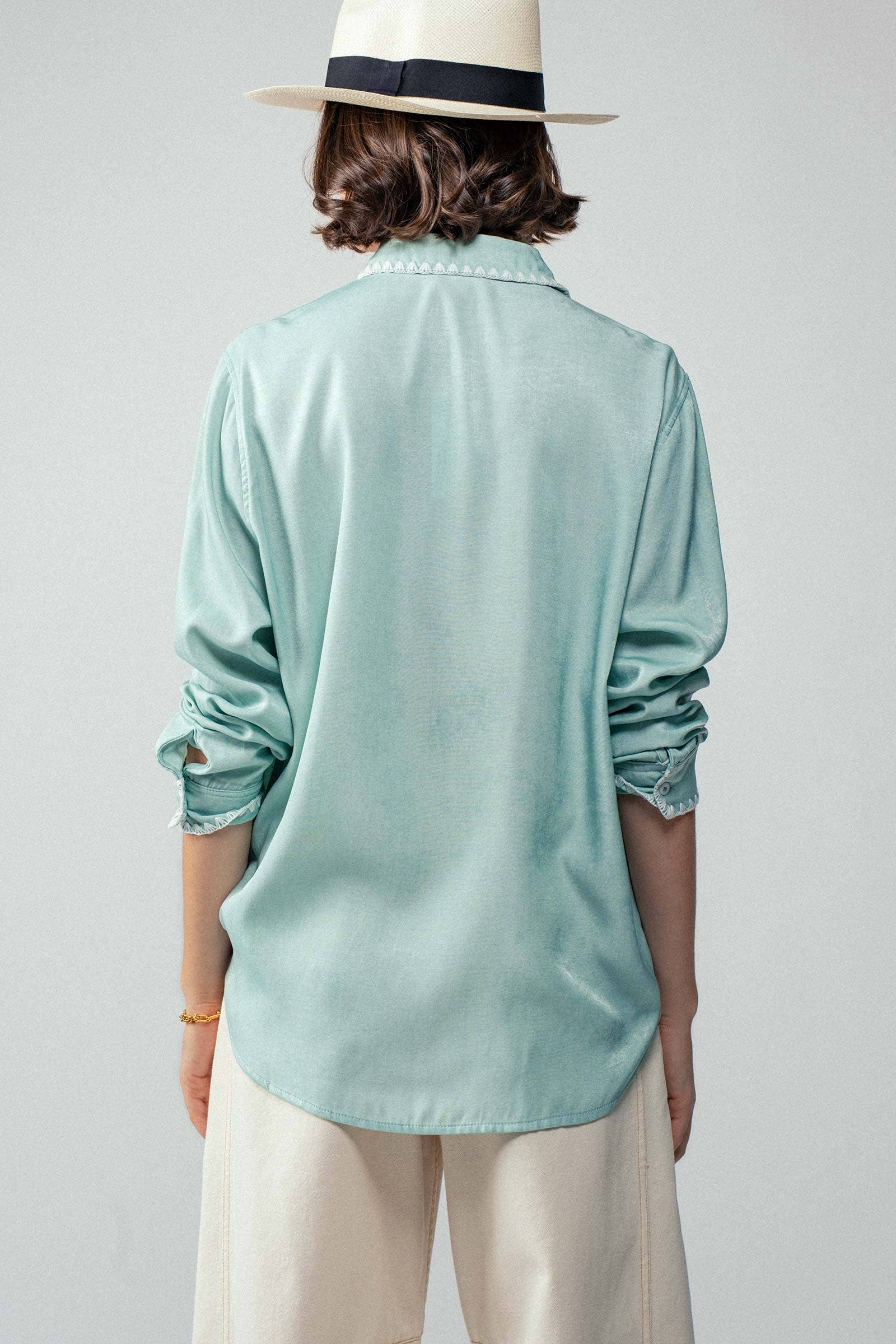 Sage Smooth Silk Long Sleeve Dress Shirt, light blue, rolled sleeves. Sizes: S-XL.