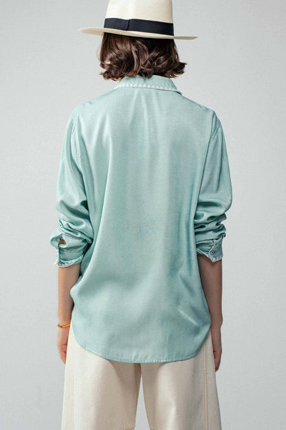 Sage Smooth Silk Long Sleeve Dress Shirt, light blue, rolled sleeves. Sizes: S-XL.