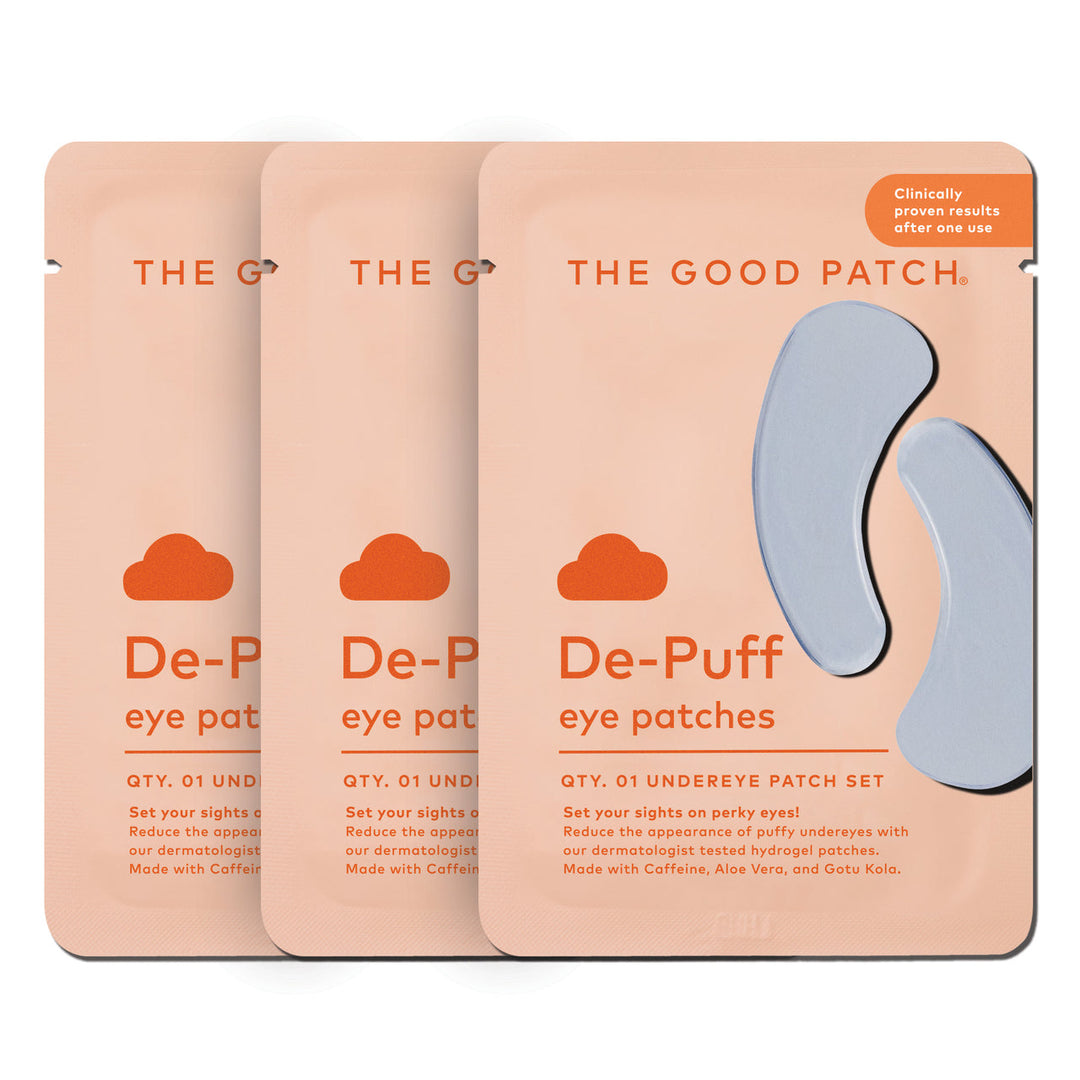Three peach De-Puff Patch under eye hydrogel packets with crescent patches; features caffeine. Sizes: single pack, 3-pack.