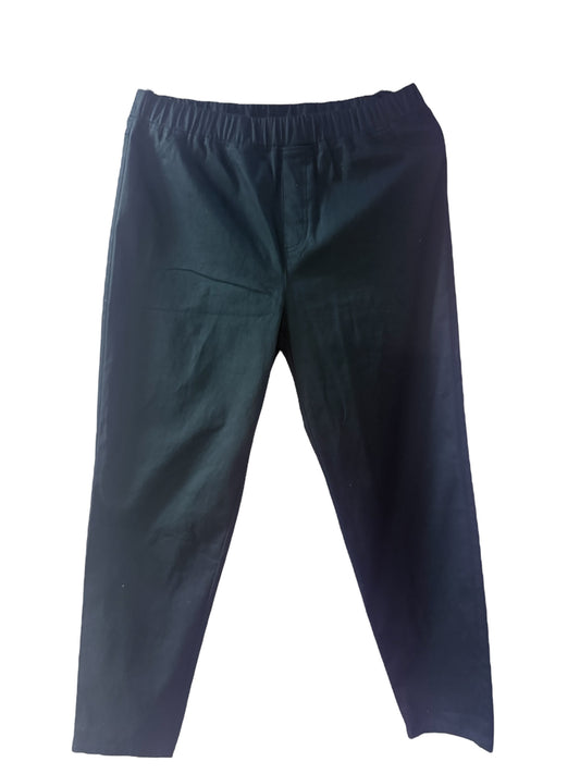 Black pull-on pants with elastic waistband and pockets. Available in plus sizes.