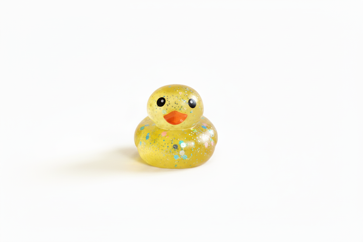 Glitter Squishy Duck with a yellow body and blue and white speckles. Available in multiple sizes.