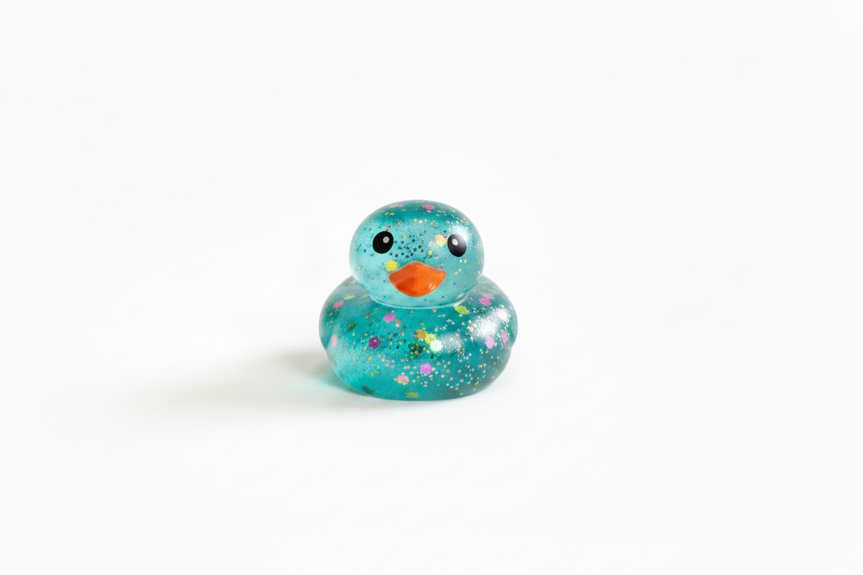 Teal Glitter Squishy Duck with black eyes, orange beak, colorful glitter, and flower patterns. Available in multiple sizes.