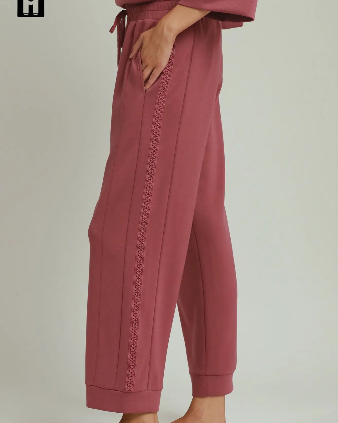 Loose-fitting marsala Butterfly Lace Straight Leg Pants with decorative side stripe; available in sizes XS–XL.