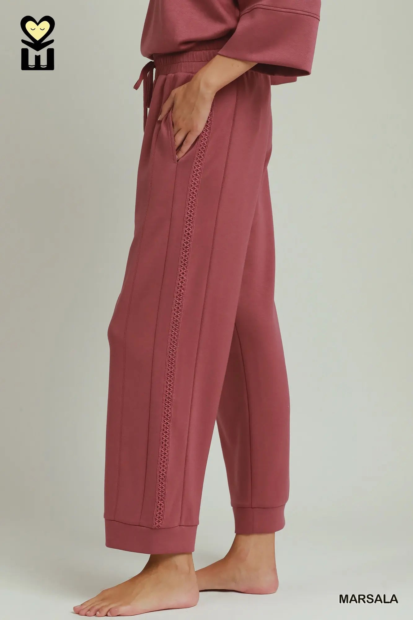 Loose-fitting marsala Butterfly Lace Straight Leg Pants with decorative side stripe; available in sizes XS–XL.